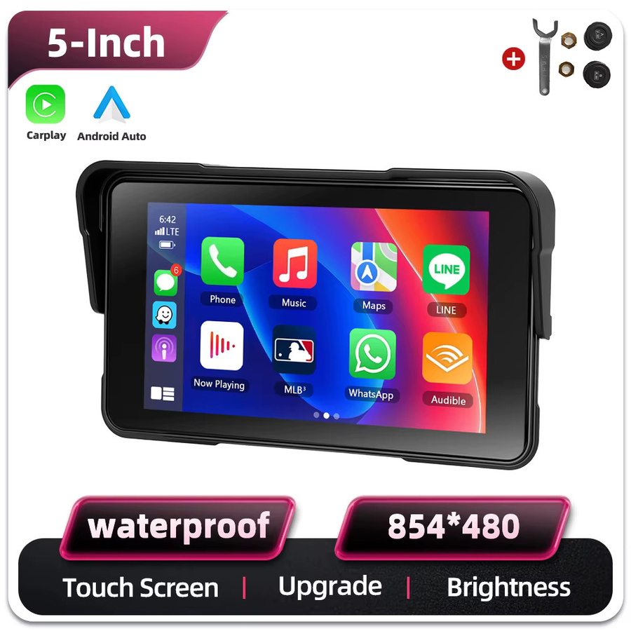 Podofo 5-Zoll Motorrad-Monitor mit kabellosem CarPlay und Android Auto, IP68 wasserdicht, GPS und Bluetooth, Farbe: Schwarz - Bild 9