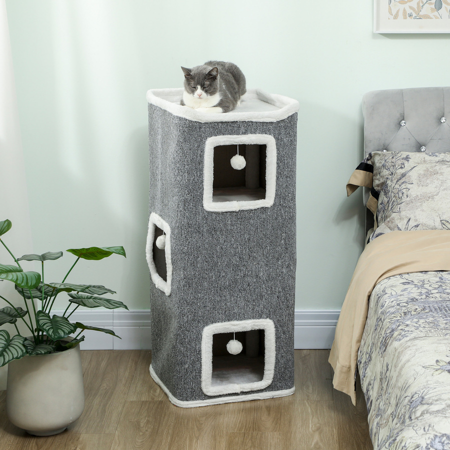 PawHut Kratztonne Grau mit Katzenhöhle und Spielball, vierstöckiger Kratzbaum für 1-2 Katzen, Höhe: 100 cm, B/T: 41 x 41 cm - Bild 2