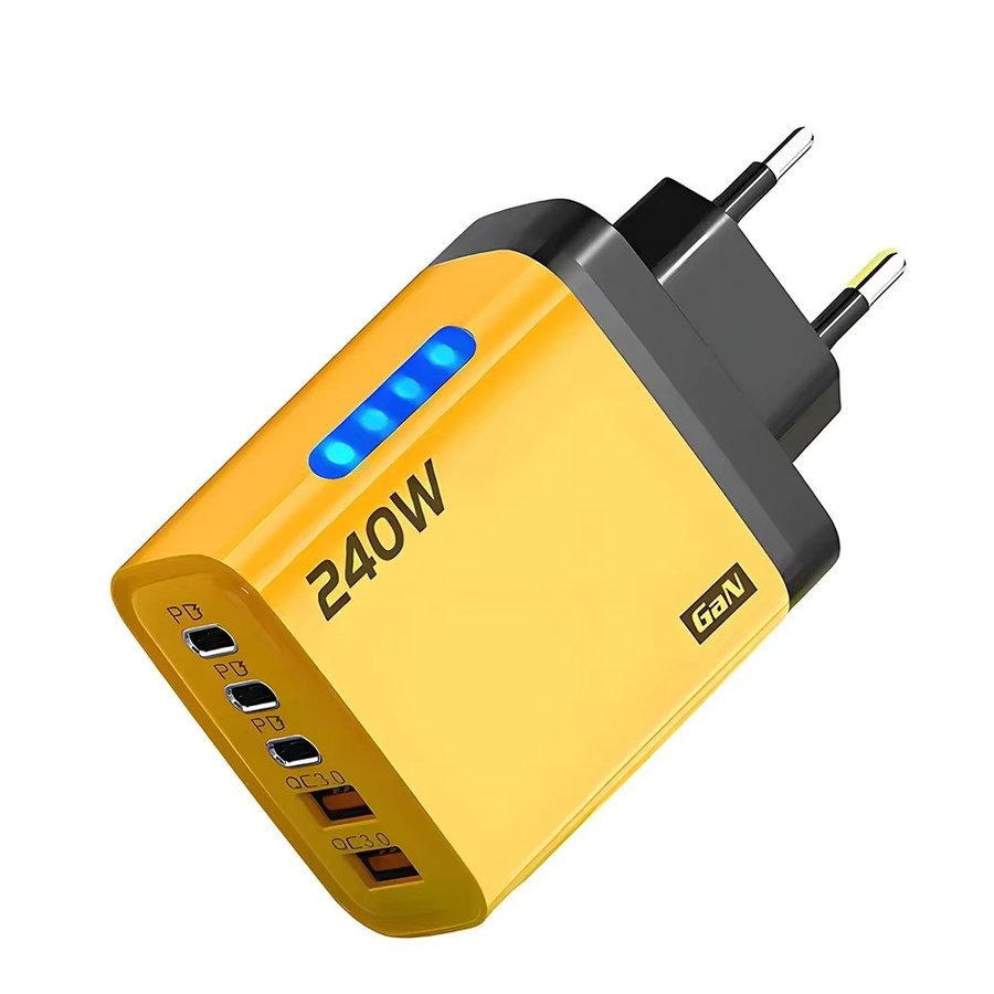USB PD Schnellladegerät mit 5 Ports und 240 W Leistung, Typ C USB Schnellladeadapter in Gelb für iPhone 16, Samsung, Xiaomi und Huawei - Bild 6
