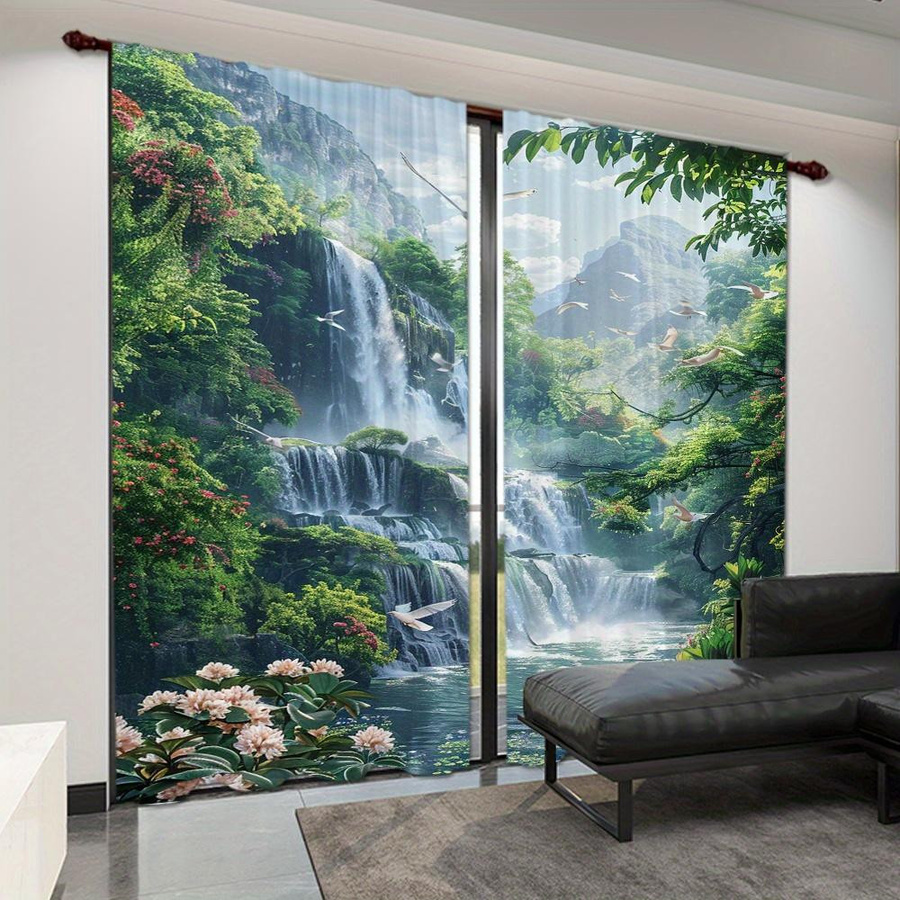 2er-Set Vorhänge mit Wald-Wasserfall-Landschaft von Yiran Furniture, halbtransparent, Polyester, Mehrfarbig, Breite: 100 cm, Höhe: 130 cm - Bild 1