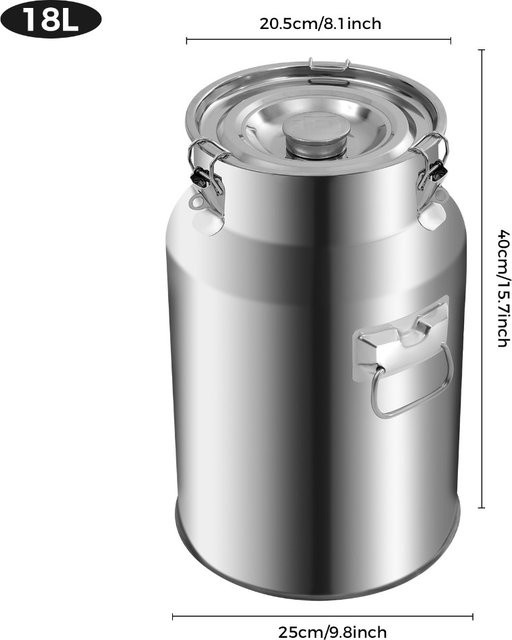 Bymaocar Edelstahl-Milchkanne in Silber mit 18 l Fassungsvermögen und Verschluss durch Klemme - Bild 1