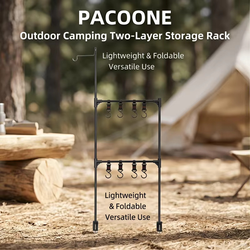 PACOONE Camping-Regal aus Aluminiumlegierung in Schwarz, Tragbarer IGT Laternenständer und Hängeregal für Picknick und Garten - Bild 2