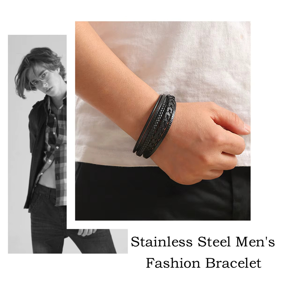 Armband Herren, mehrschichtiges Leder, geflochten, Magnetische Schnalle - Bild 2
