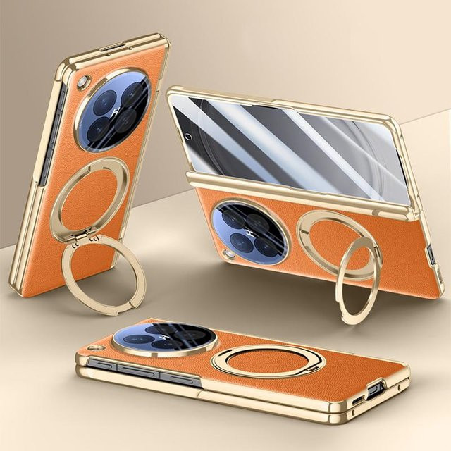 GKK Klapphülle aus Leder und PC für OPPO Find N6 mit Scharnier, magnetischem drehbarem Ringhalter und HD Sichtschutzglas - Bild 1