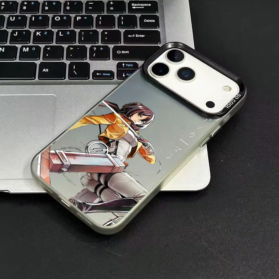 Stoßfeste Handyhülle im Japan Anime Attack on Titan Design für iPhone 17 16 15 14 13 12 11 Pro Max in Weiß mit Matte Laser Aurora Effekt - Bild 1