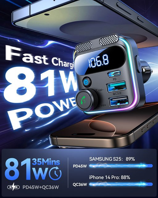 Joyroom Bluetooth 6.0 FM-Transmitter mit PD 45W und QC3.0 Schnellladegerät als Auto-Adapter in Schwarz - Bild 1