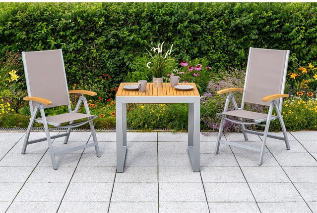 Merxx Naxos 3-tlg. Gartenmöbel-Set aus Akazienholz und Aluminium in Grau und Silber mit ausziehbarem Tisch - Bild 1