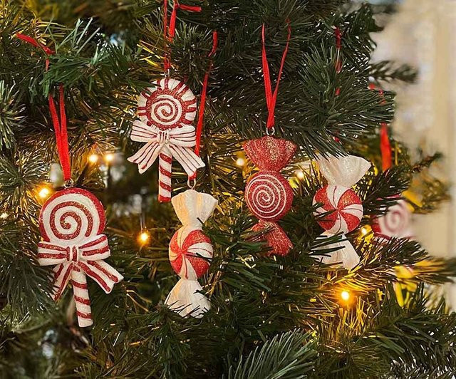 8er Set Christbaumschmuck CANDY Lollies Bonbons aus Kunstguss in rot-weiß mit Bändchen - Bild 1
