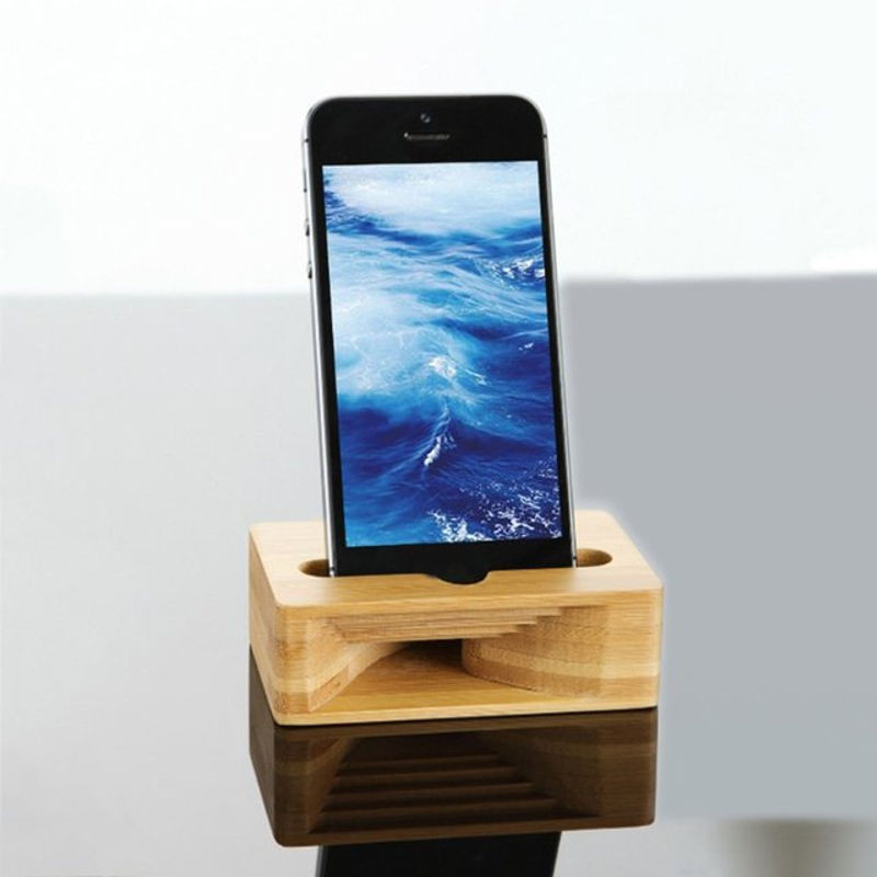 Bambus Lautsprecher Verstärker und Handy Halter aus Holz für Desktop-Ständer in Braun und Gelb - Bild 1