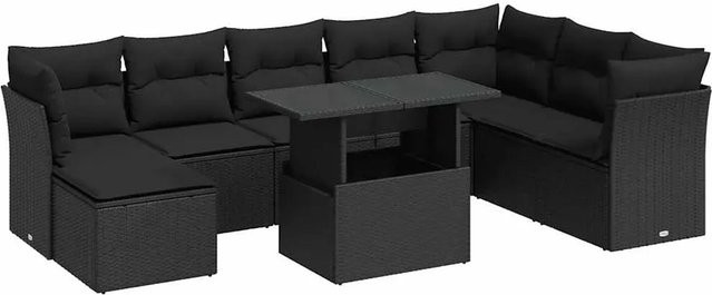 vidaXL 9-teilige Garten-Sofagarnitur in L-Form aus schwarzem Poly-Rattan mit Kissen und pulverbeschichtetem Stahlgestell - Bild 1