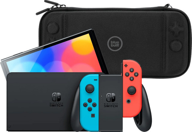 Nintendo Switch OLED Handheld Konsole Blau/Rot inklusive BlueBuilt Schutzhülle - Bild 1