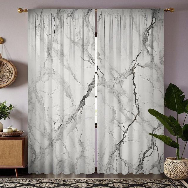 2er-Set dekorative Vorhänge mit Marmor-Design in Grau von Household supplies MH, halbtransparent, B: 132 cm, H: 160 cm - Bild 1