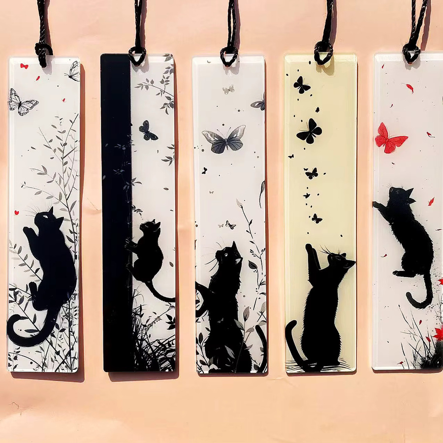 8 Stück Acryl-Lesezeichen mit Katzen- und Schmetterlingsmuster in Schwarz und Multicolour - Bild 2