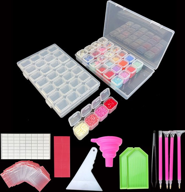 Transparente 28-Gitter-Aufbewahrungsbox aus Kunststoff für Diamantmalerei-Zubehör mit Trichter in Weiß - Bild 1