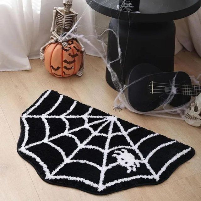 VIKAMA Halloween Badezimmerteppich in Schwarz, unregelmäßig geformtes Spinnennetz-Design aus Kaschmirimitat, rutschfeste Bodenmatte für den Eingangsbereich - Bild 1