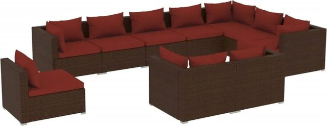 vidaXL 10-tlg. Garten-Lounge-Set in U-Form aus braunem Poly-Rattan mit Kissen und pulverbeschichtetem Stahlgestell - Bild 1