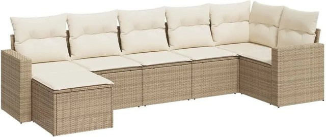 vidaXL 7-teilige Garten-Sofagarnitur in L-Form aus beige farbenem PE-Rattan mit Kissen und pulverbeschichtetem Stahlgestell - Bild 1