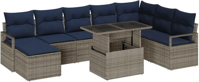 vidaXL Garten-Sofa-Set aus Polyrattan mit 9 Teilen in Grau und Marineblau inklusive Kissen - Bild 1