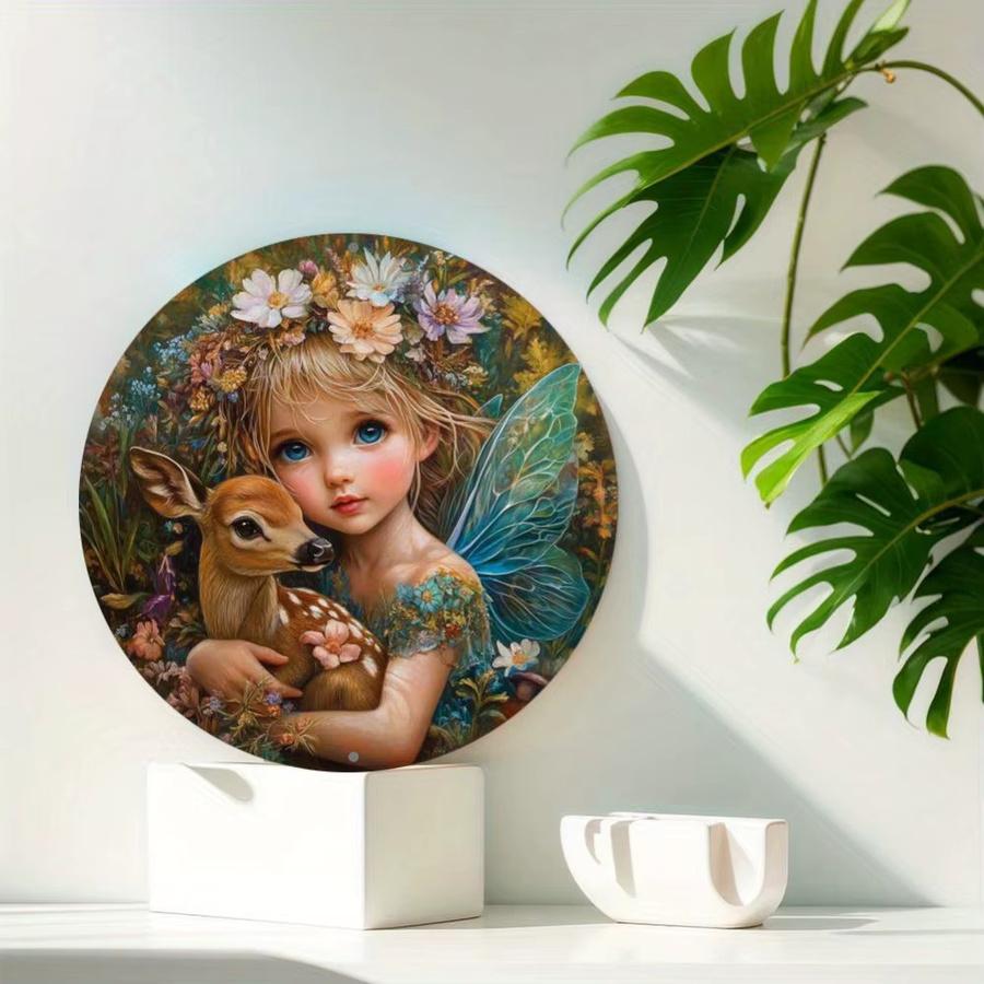 CIFBUY Klassischer runder Wandbehang aus Metall mit Elfen-Fee-Hirsch-Illustration in Multicolour für die Weihnachtsdekoration - Bild 3