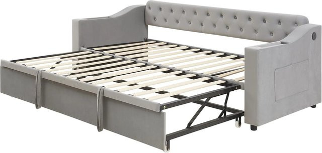 Merax Schlafsofa aus Samt mit USB-Anschluss und Lattenrost in Grau, B/T/H: 90 x 190 cm - Bild 1
