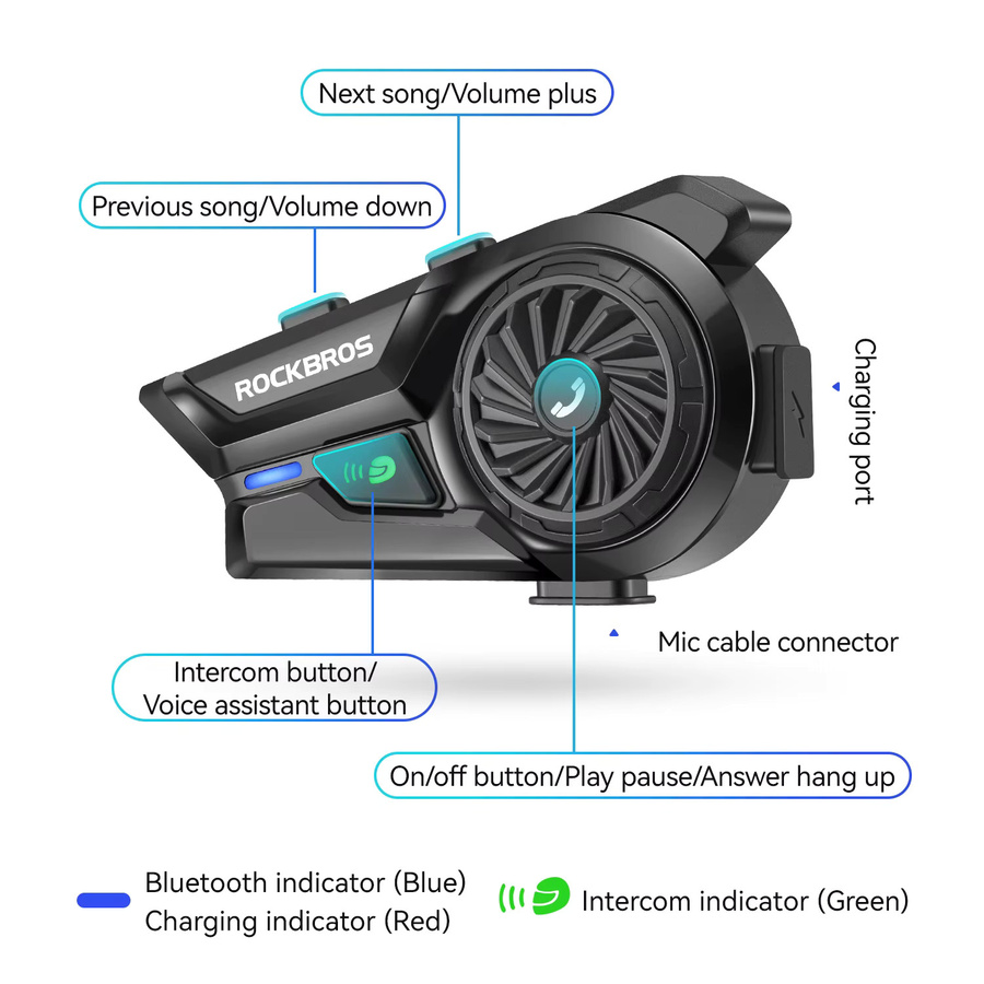 ROCKBROS Motorradhelm-Headset in Schwarz mit Bluetooth 6.0, wasserdichtem Moto-Interphone und 1000 mAh Akku - Bild 3