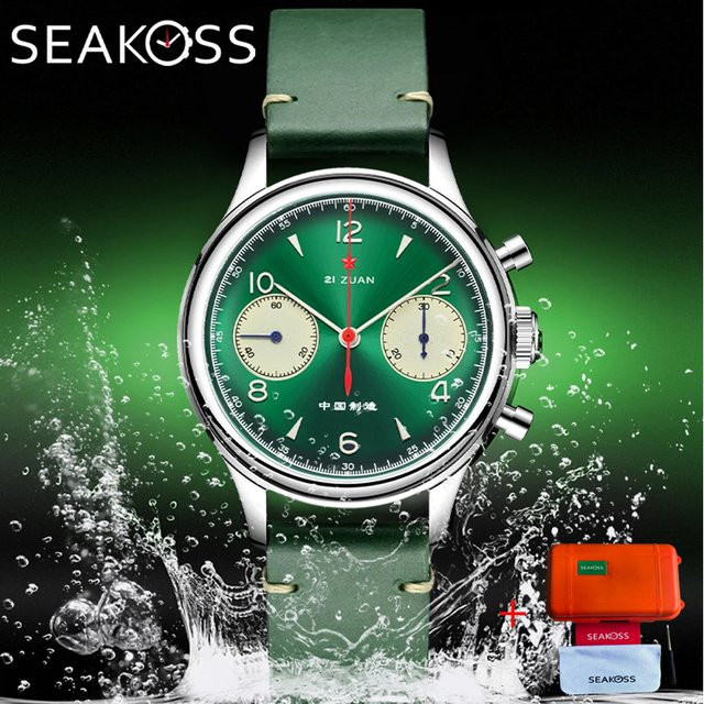 SEAKOSS Chronograph, Handaufzug, Edelstahl, 38 mm, Herren, Grün, Leder - Bild 1