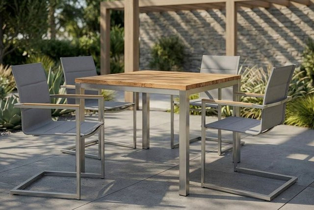 OUTFLEXX Garten-Essgruppe aus Edelstahl und recyceltem Teak in Silber mit Tisch und 4 gepolsterten Freischwinger-Stühlen, Tisch B: 90 cm, T: 90 cm, H: 76 cm - Bild 1