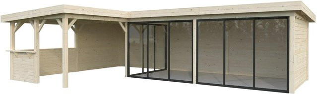 PALMAKO Pavillon Lenna Set 420 Slide aus Fichtenholz in Braun mit Alu-Schiebetüren und Eck-Tresenanlage, B/H/T: 876 x 245 x 588 cm - Bild 2