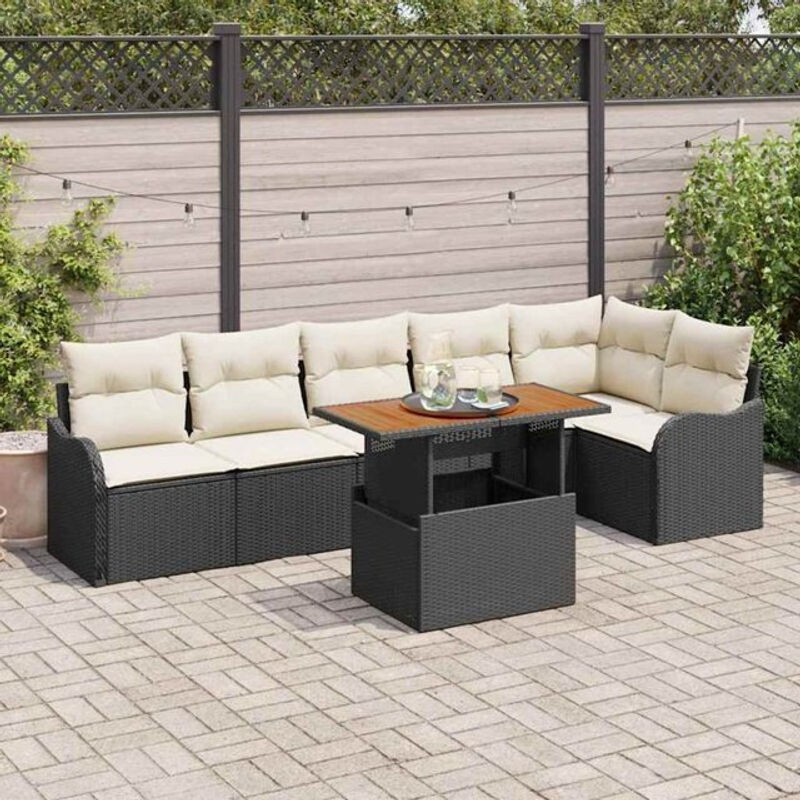 Vidaxl Garten-Sofa-Set aus 7 Teilen in Schwarz und Creme aus Polyrattan und Akazie, Loungemöbel Modern, B/T/H: 100 x 55,1 x 73 cm - Bild 1