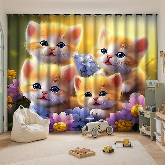 Verdunkelungsvorhänge mit Katzen-Motiv von Yiran Furniture für Kinderzimmer, 2er-Set, Mehrfarbig, Breite: 70 cm, Höhe: 215 cm - Bild 1