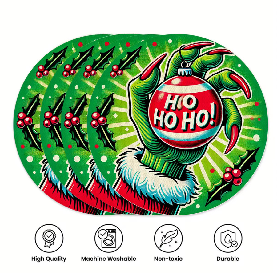 VIKAMA 4er Set Weihnachts-Platzsets aus Silikon in Grün mit Monster-Motiv, hitzebeständige Esstischmatten für die Weihnachtsdekoration - Bild 4