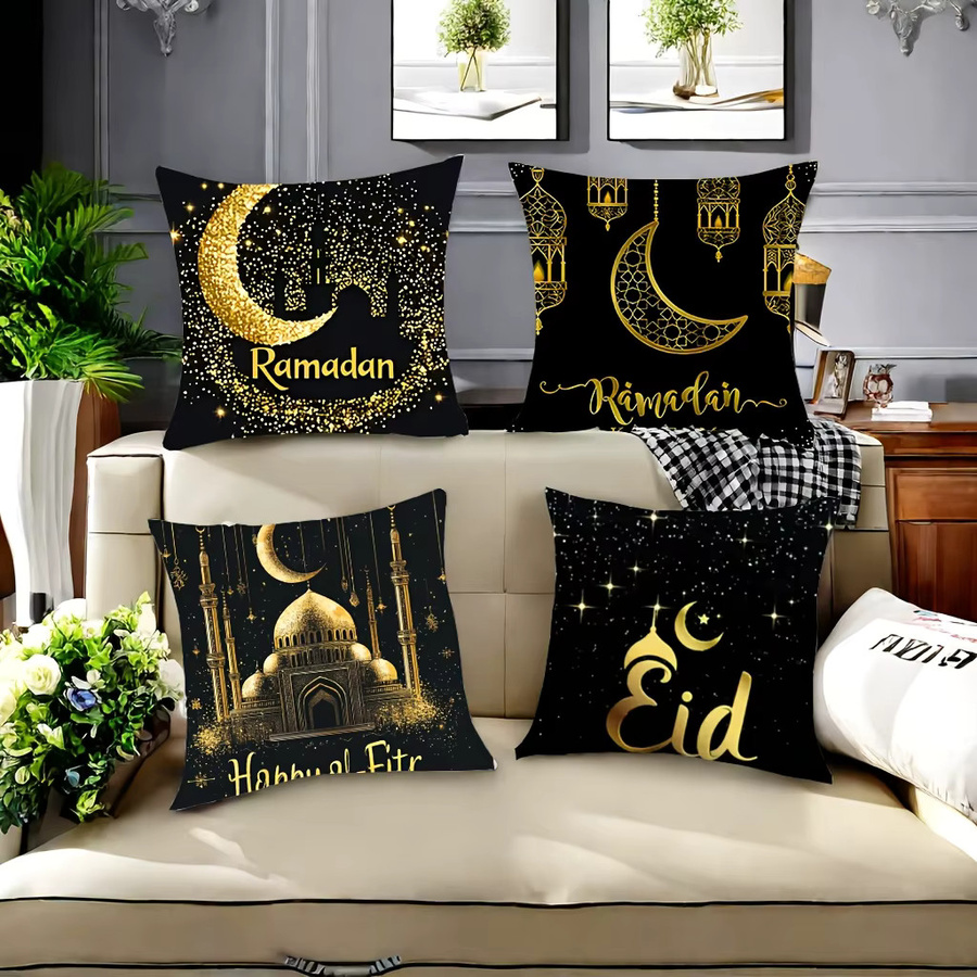 Elegante Eid al-Fitr Kissenbezüge in Schwarz und Gold mit Halbmond, Moschee und Sternen-Motiv, dekorative quadratische Kissenhüllen für dein Fest - Bild 2