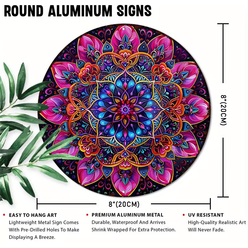 Potdemiel Rundes Aluminiumschild Bunte Mandala-Blume in Vintage-Optik, Durchmesser: 20,3 cm - Bild 2