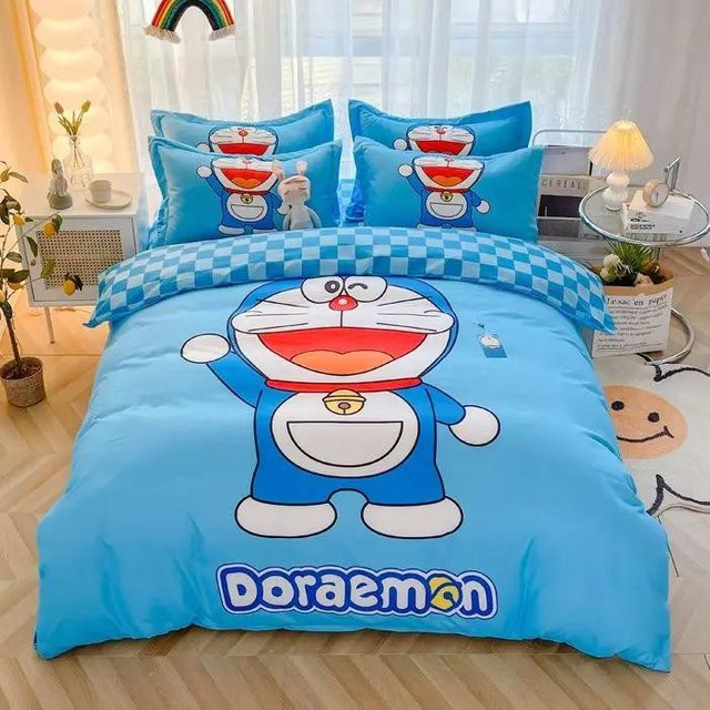 Doraemon Bettwäsche-Set aus reiner Baumwolle in Blau, 4-teiliges Cartoon-Design für Studenten und Erwachsene, B/T: 180 x 200 cm - Bild 1