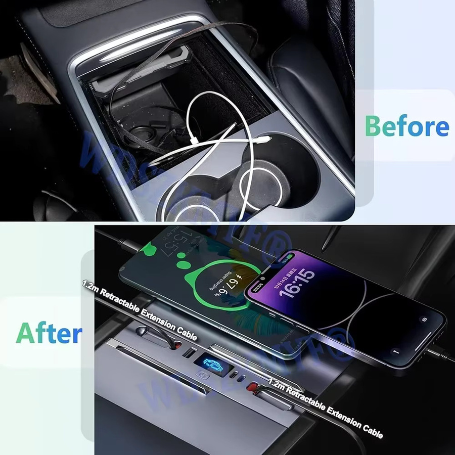 WDSZKMYF USB-C Erweiterungsdock für Tesla Model Y Juniper 2025 und Model 3 Highland 2024, Schnellladestation mit 65W und 45W Zentralsteuerung, Farbe: Schwarz - Bild 5