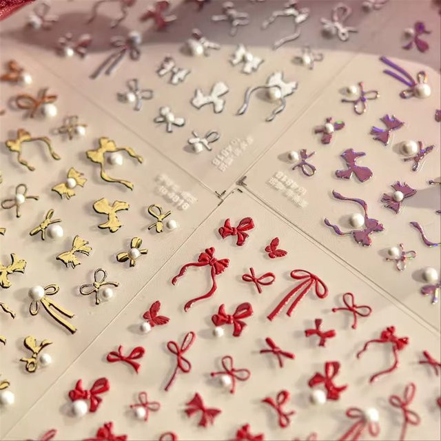 Rhstoe Nail Art Aufkleber, Schleife, Perle, Strass, Rot Gold Silber Rosa - Bild 1