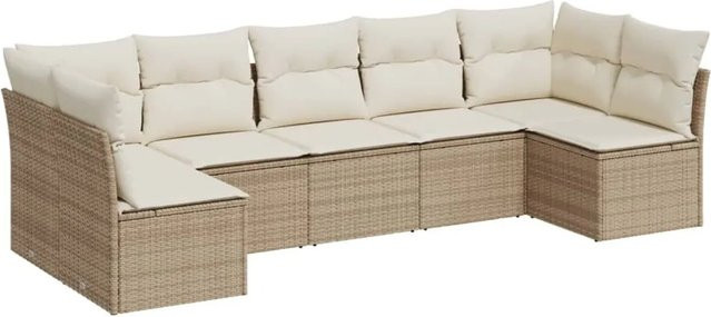 vidaXL 7-tlg. Garten-Sofagarnitur in L-Form aus Polyrattan mit Kissen in Beige und Cremeweiß - Bild 1