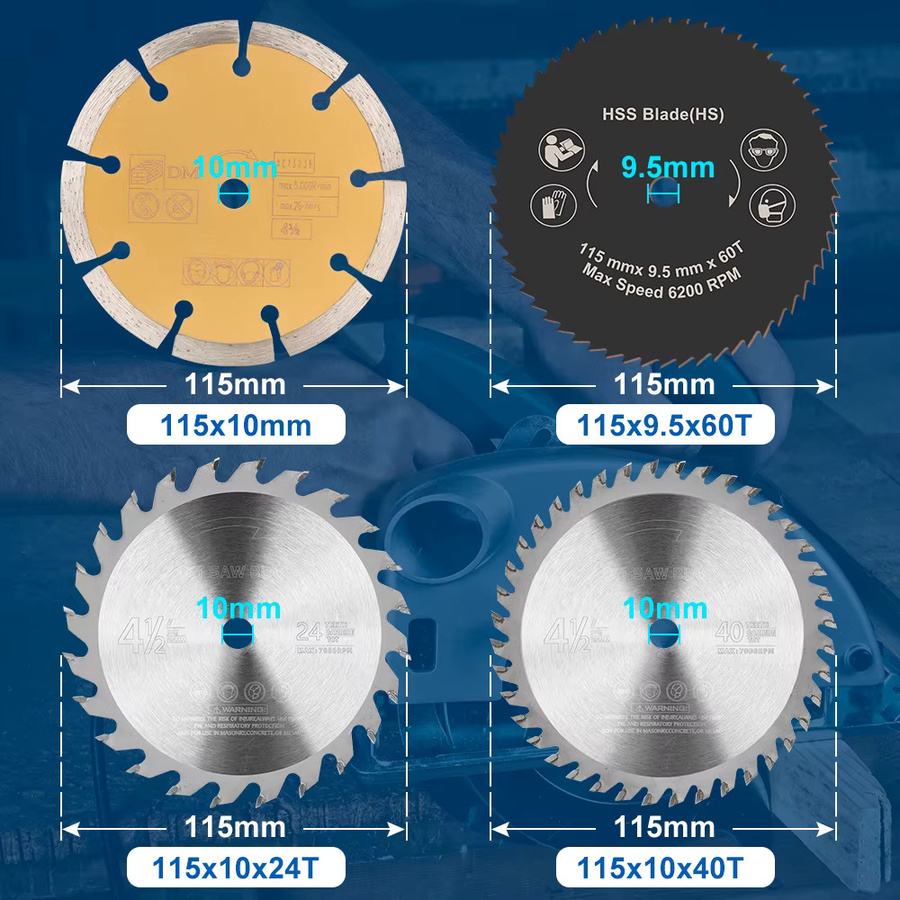 CMCP 4-teiliges Kreissägeblatt-Set mit 115 mm Durchmesser, bestehend aus TCT, Diamant und HSS Hartmetallspitzen für die Holzbearbeitung - Bild 4
