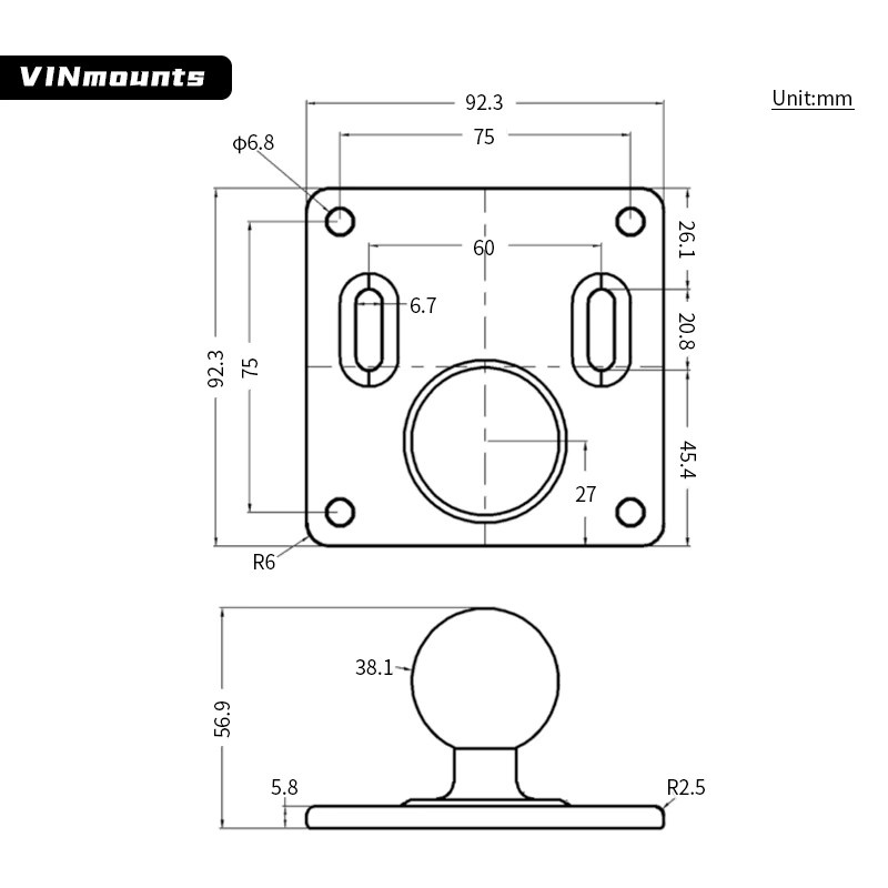 VINmounts Aluminium-Halterungsbasis mit 75x75mm VESA-Platte und 1,5 Zoll C-Kugel in Schwarz für Monitor, TV und LKW RAM - Bild 2