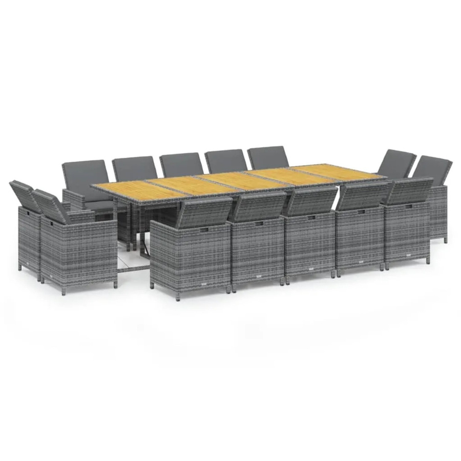 vidaXL 15-teilige Garten-Essgruppe aus Poly Rattan und Akazienholz in Grau mit Auflagen - Bild 2