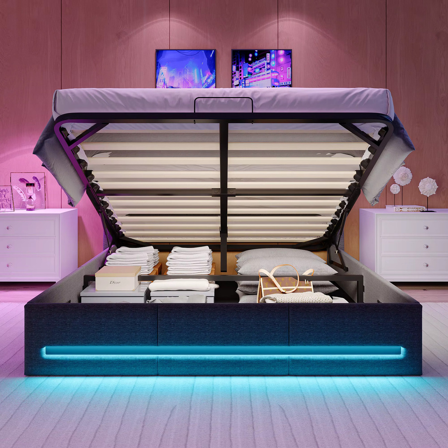Superaly Polsterbett mit LED-Beleuchtung und Stauraum, Doppelbett mit Gasdruckfedern, Grau, B/T: 160 x 200 cm - Bild 3
