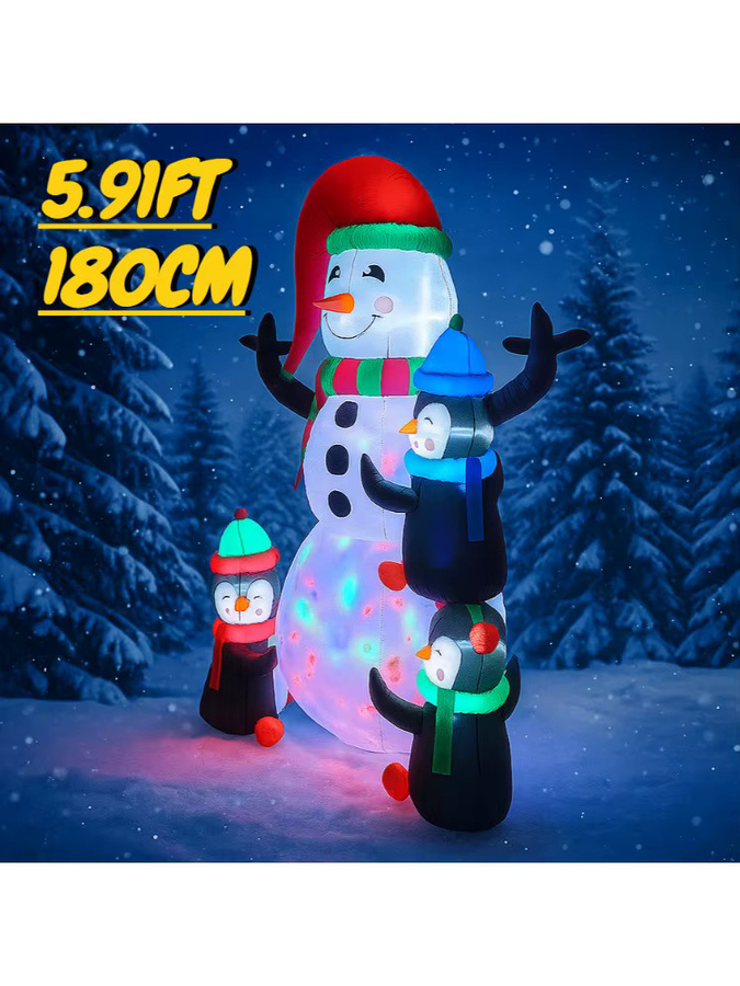 TONGHUANIU Aufblasbare Weihnachtsdekoration mit Schneemann und Pinguinen, LED-Beleuchtung, Mehrfarbig, Höhe: 180 cm - Bild 4