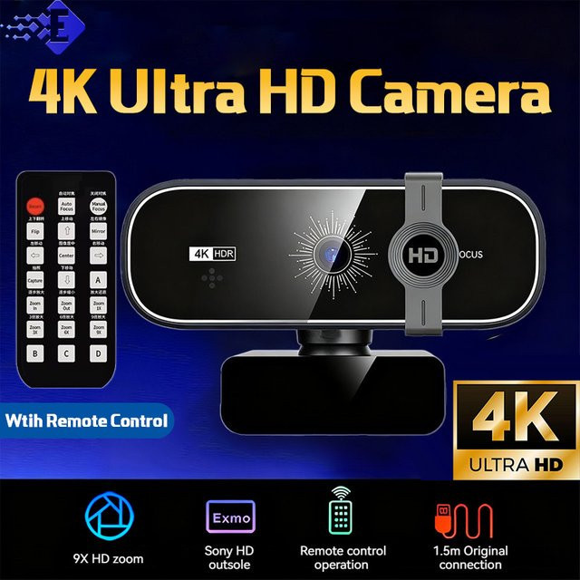 EOENKK 4K UHD Webcam in Schwarz mit Autofokus, Mikrofon, Fernbedienung und Sichtschutzabdeckung für PC und Laptop - Bild 1