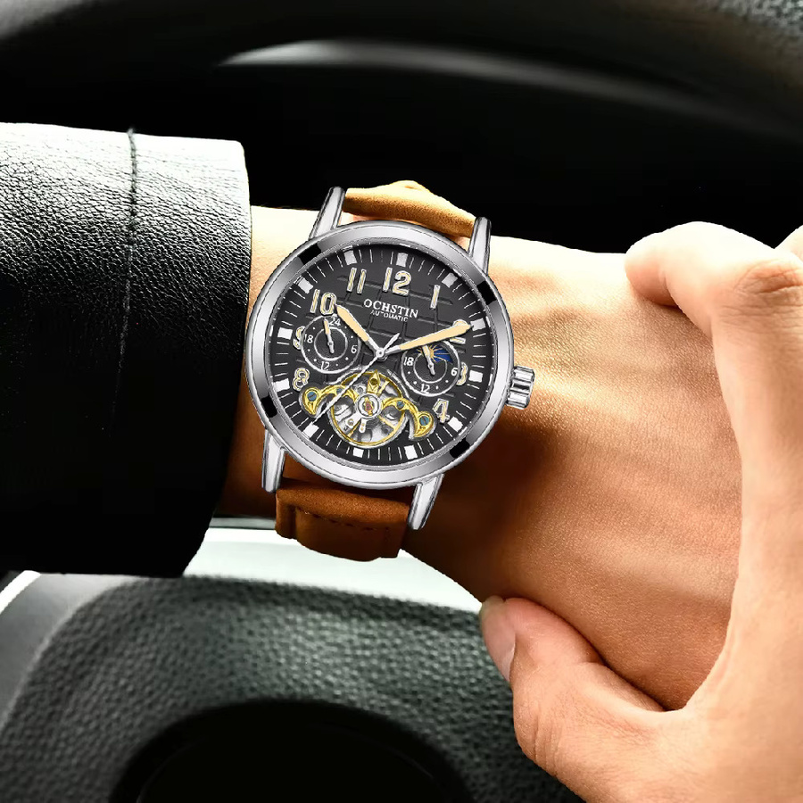 OCHSTIN Herrenuhr, Automatik, Edelstahl, Lederarmband, Schwarz, Silber - Bild 3