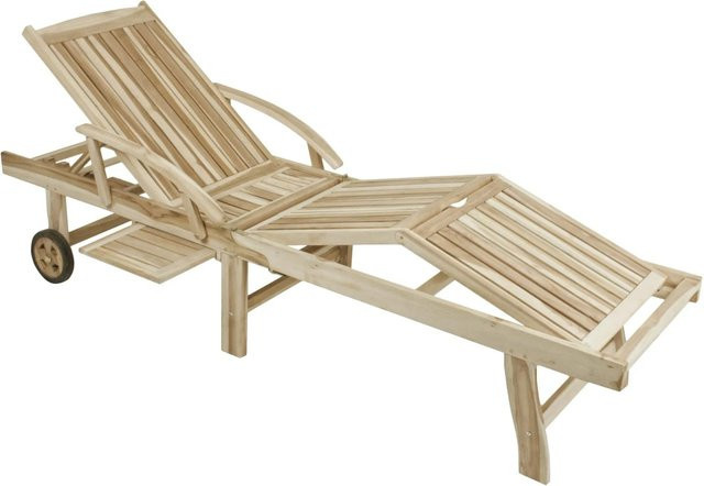 DELUKE Sonnenliege LEON aus Teakholz in Natur, verstellbare und klappbare Gartenliege mit Rollen, Armlehnen und Beistelltisch - Bild 1