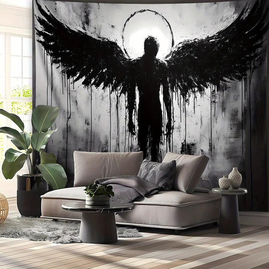 VIKAMA Wandteppich mit Engelsfigur in Schwarz-Weiß, gotischer Wandbehang für deine Raumdekoration, Breite: 60 cm, Höhe: 40 cm - Bild 2