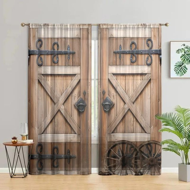 2er-Set halbtransparente Vorhänge im Scheunentür-Design von Household supplies MH, braun, B: 150 cm, H: 166 cm - Bild 1