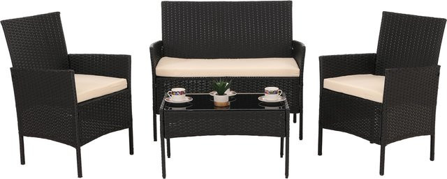 MCW Poly-Rattan Garten-Garnitur N98 Lounge-Set in Anthrazit mit beigen Kissen - Bild 1