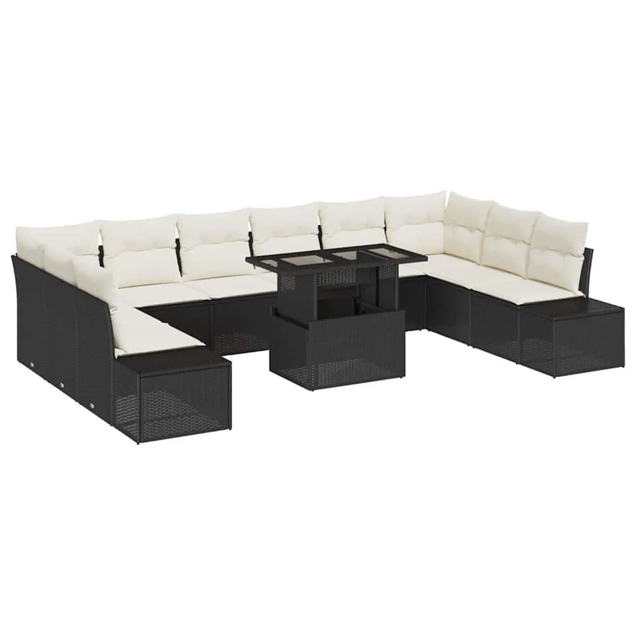vidaXL Garten-Sofa-Set 11-tlg. in U-Form mit Kissen und Couchtisch, Schwarz und Beige - Bild 2