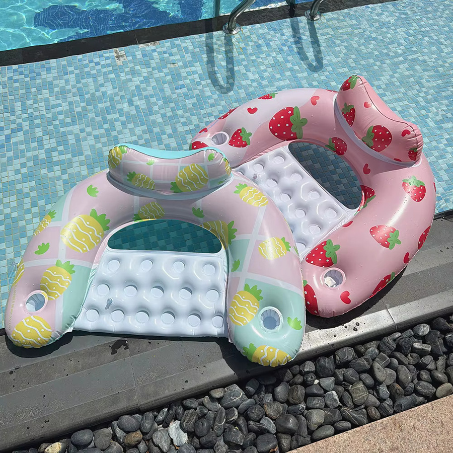 Aufblasbarer Erdbeer Schwimmreifen in U-Form als Wasserhängematte und Liegestuhl für Erwachsene, Farben: Rot, Gelb, Rosa/Pink - Bild 2